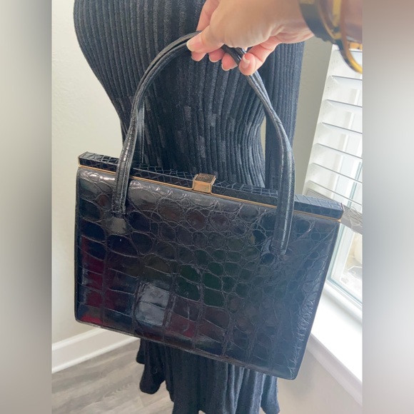 Vintage Deauville Black Crocodile Skin Leather Handbag With Two Handles - Picture 6 of 16